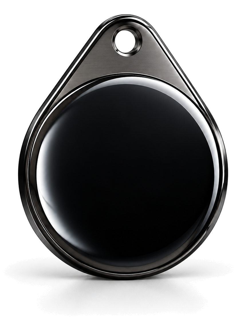 The Lerf Tag: a black metal key fob with a polished bezel and a keyring hole
